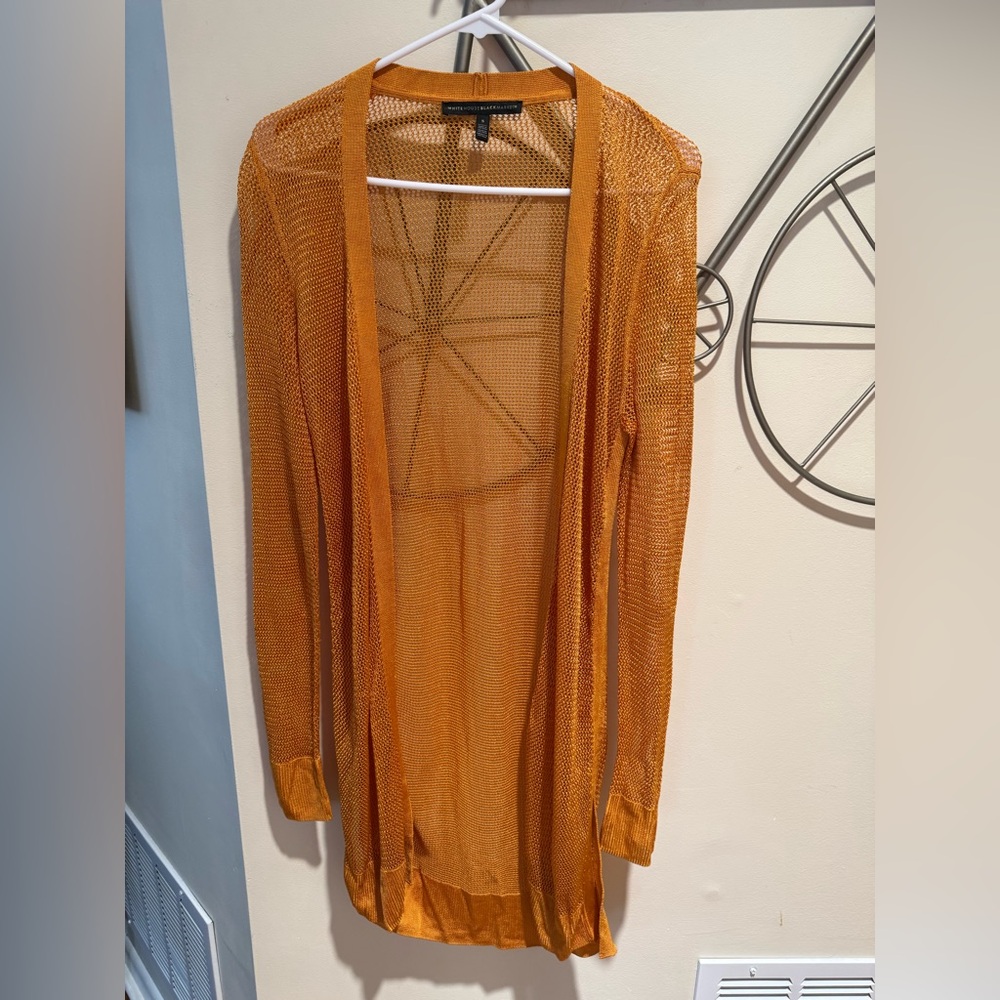 White House Black Market Gold Orange Open Knit Long Sheer Cardigan, Size S